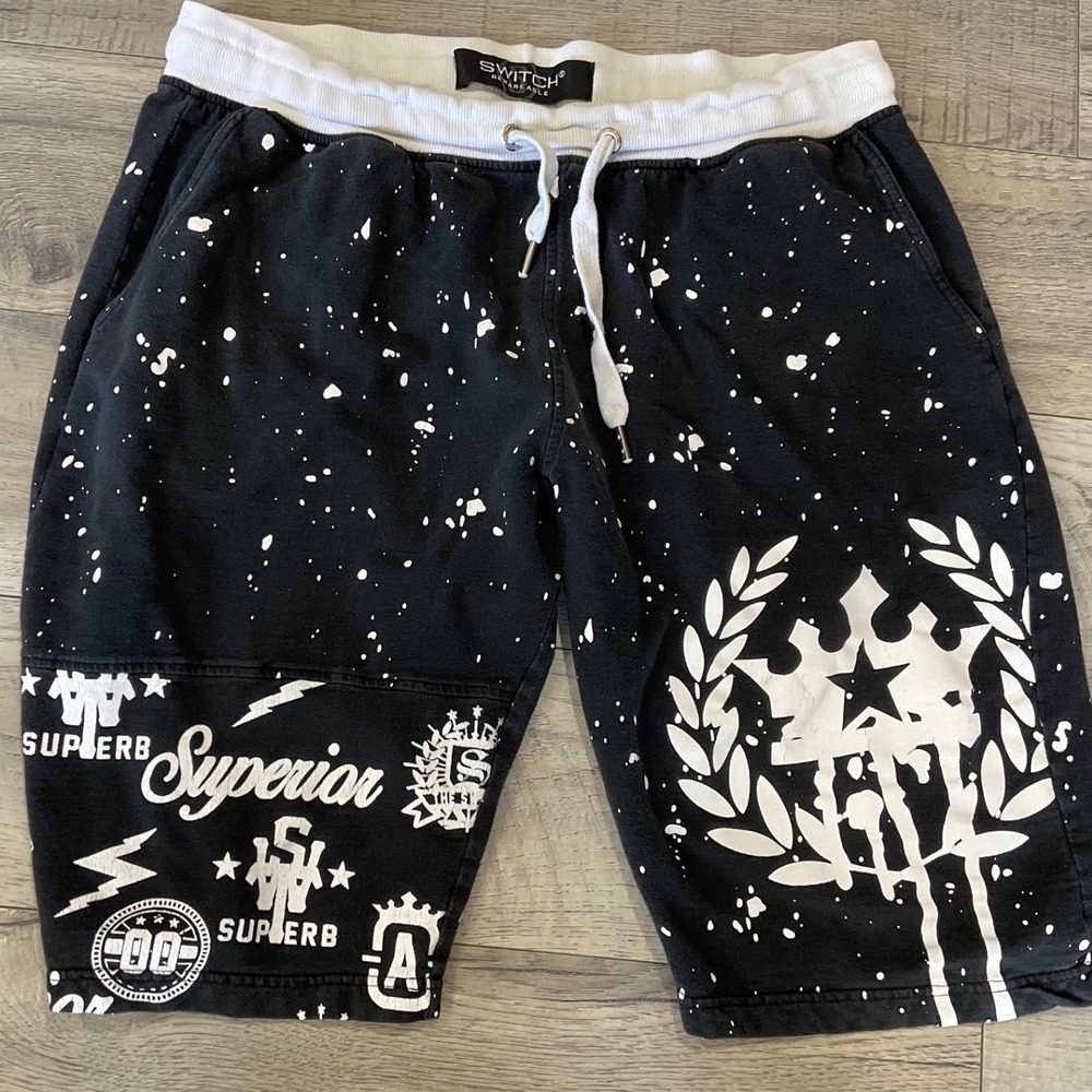 Switch Remarkable Mens XL Black Graphic Splatter Sweat Shorts Streetwear Crown